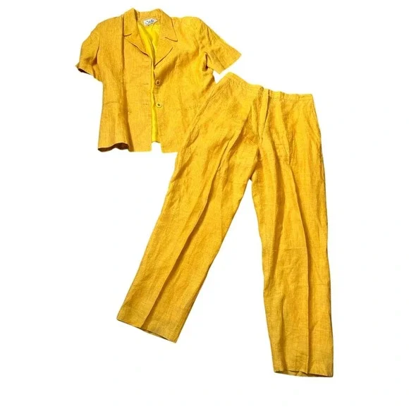 Club France Womens Yellow 100% Linen 2 Piece Pant Suit Short Sleeve Blazer 12 - Picture 2 of 5